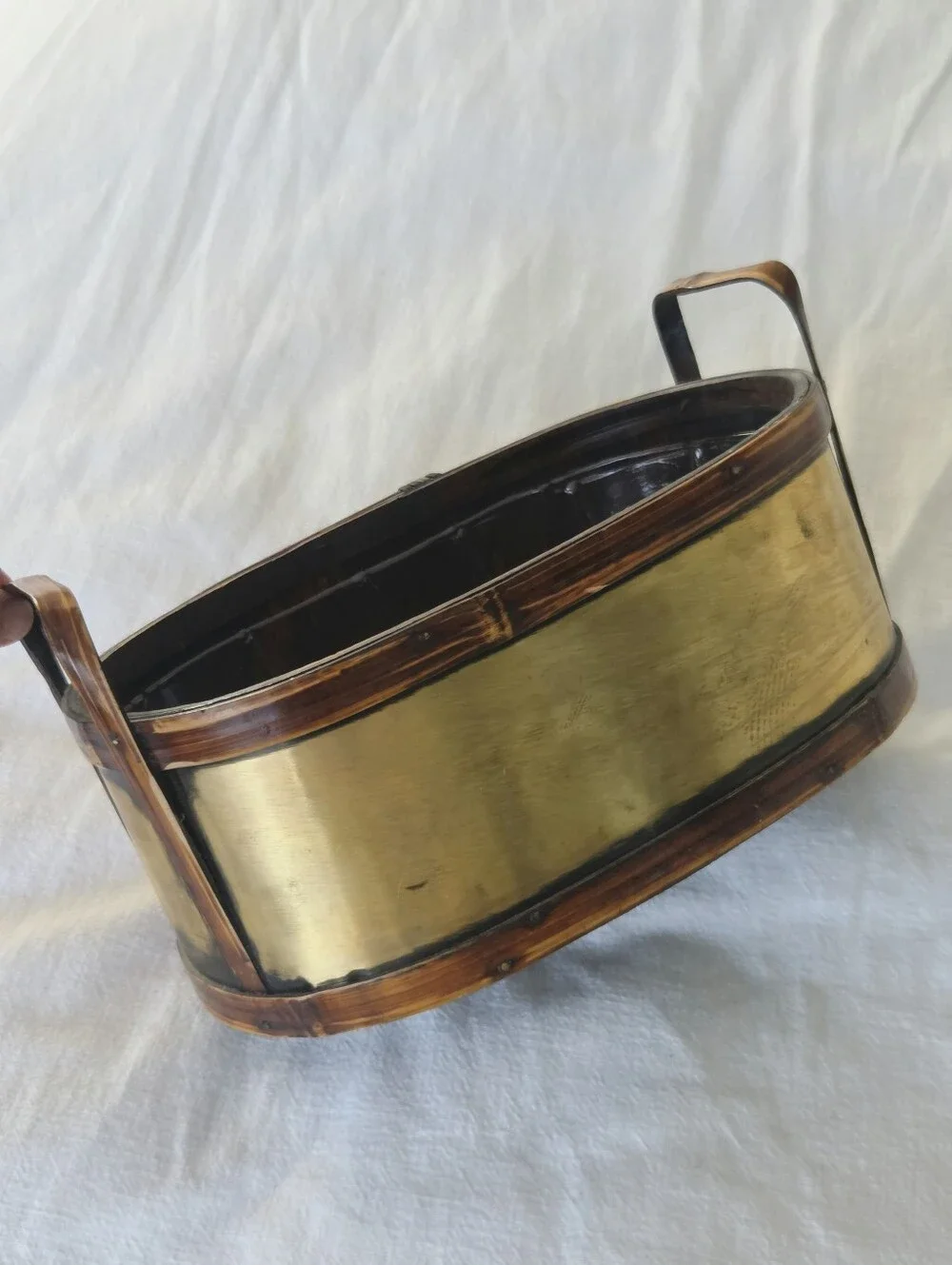 Oval Bamboo & Brass Planter with Handles And Plastic Liner
